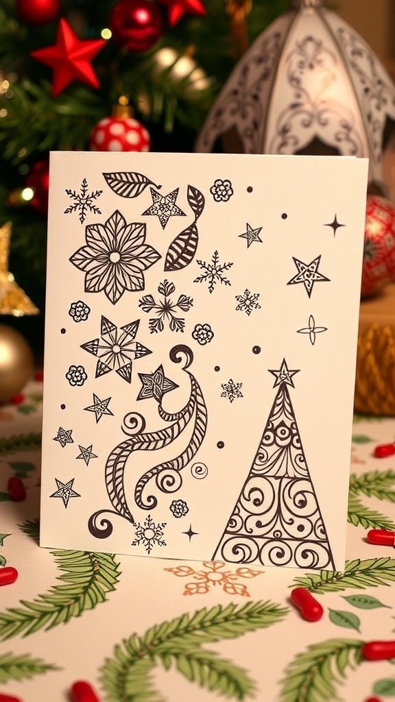Zentangle Christmas card with intricate patterns and holiday designs on a festive background.